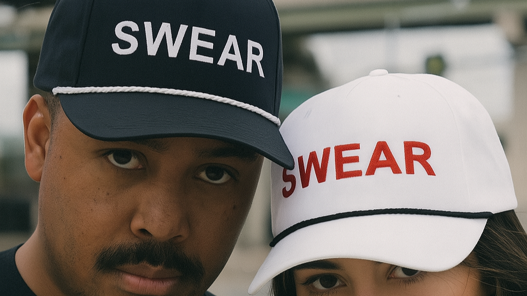 Two people wearing hats with 'SWEAR' text, one in black and white, the other in white and red.